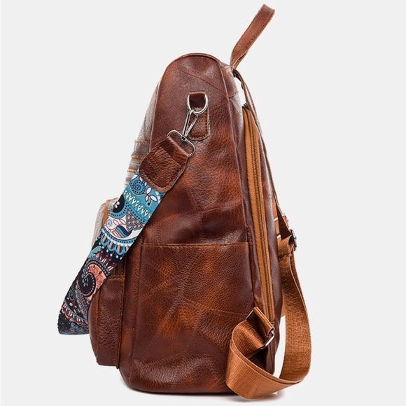Caramel Brown PU Vegan Leather Backpack Purse Bag Multi Pocket main image 5